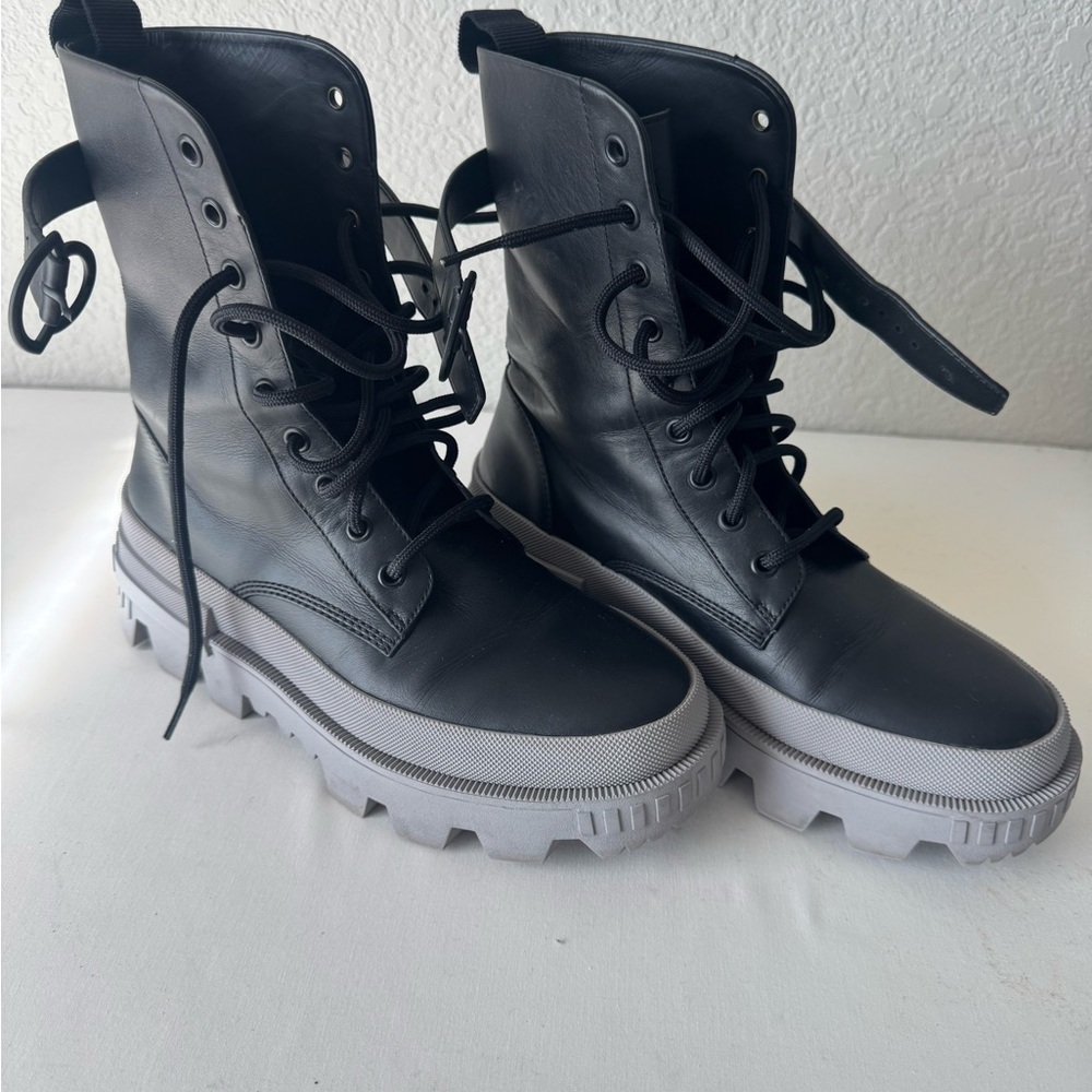 Moncler Black Leather Combat Boots with Light Gray Lug Sole